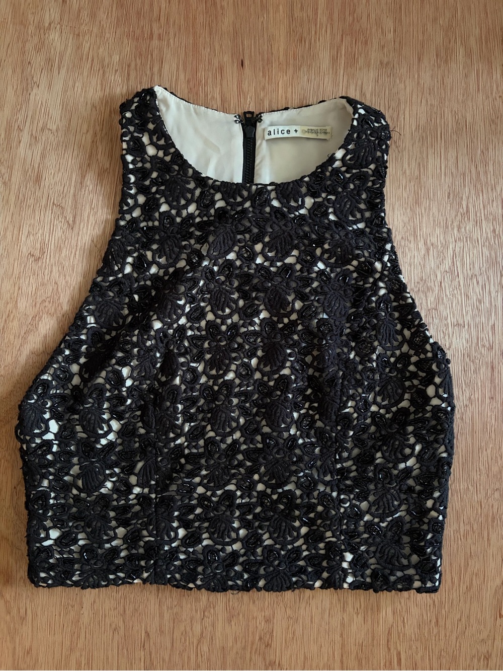 Alice + Olivia Black Lace Beaded Racerback Crop Top
